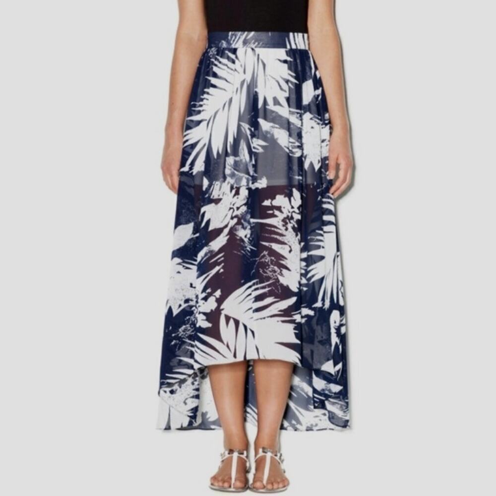 Womens Sheer Skirt 8 Blue‎ Leaf Print Midi High Low Gipsy Fairy Beachy Nature